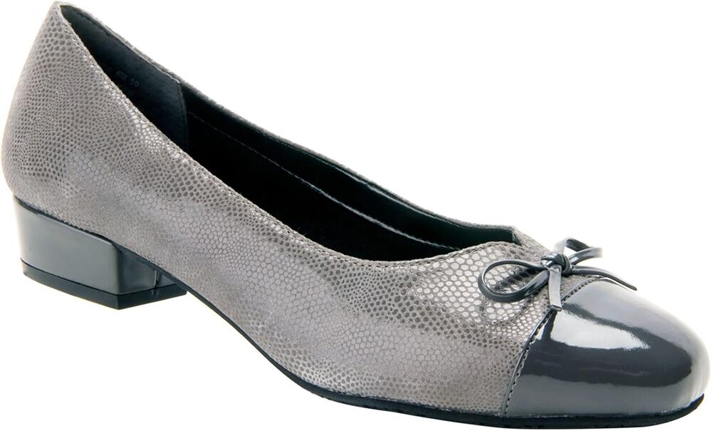 Ros Hommerson Tawnie Pumps 1" Heel Bow Cap Toe Wicking Lizard Leather Gray 12N